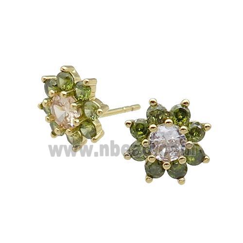 copper flower Stud Earring pave zircon olive gold plated
