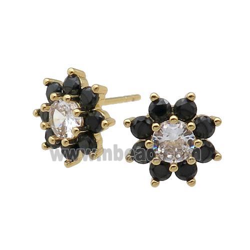 copper flower Stud Earring pave zircon black gold plated