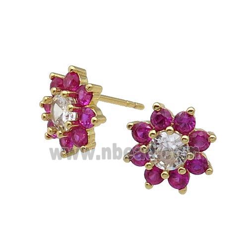 copper flower Stud Earring pave zircon hotpink gold plated