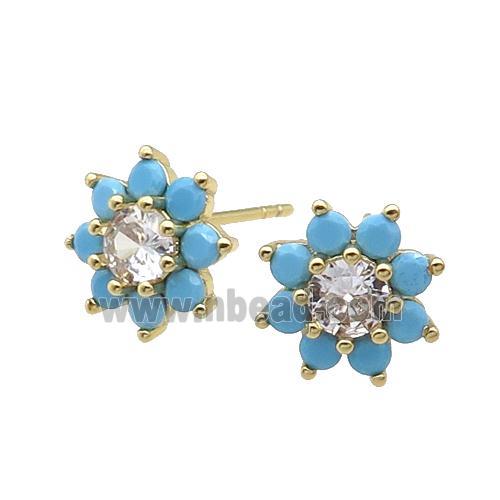 copper flower Stud Earring pave zircon turq gold plated