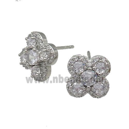 copper Clover Stud Earring pave zircon platinum plated
