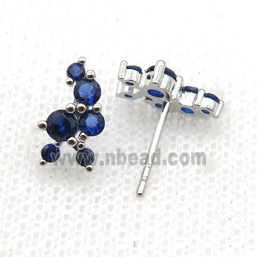 copper Stud Earrings pave blue zircon platinum plated