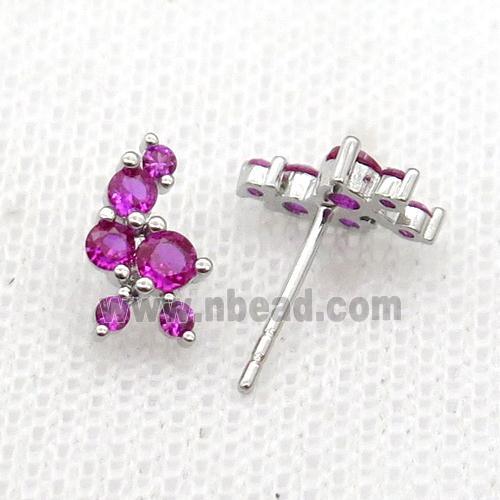 copper Stud Earrings pave hotpink zircon platinum plated