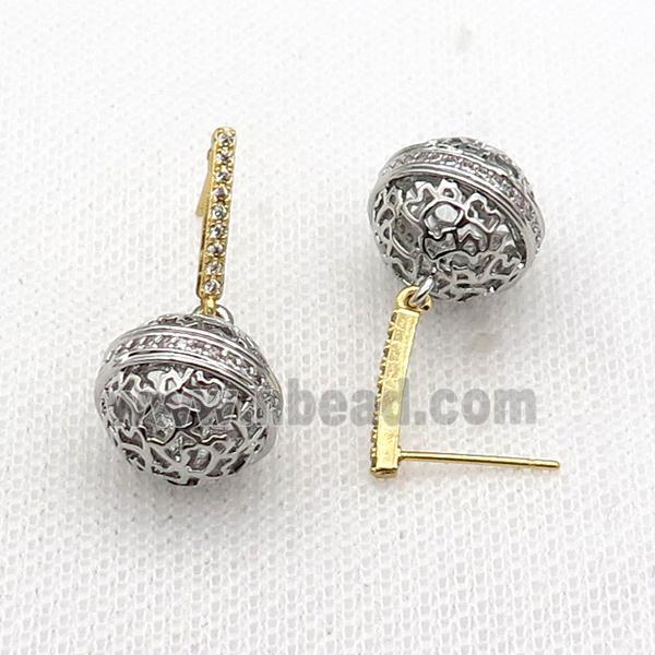 copper ball Stud Earring pave zircon hollow platinum plated