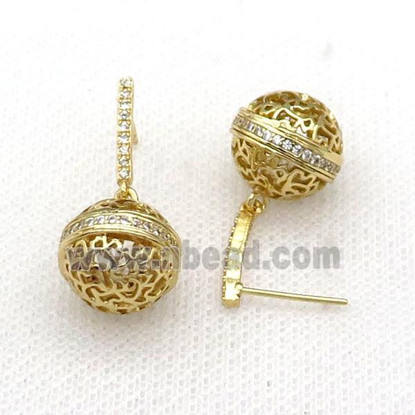 copper ball Stud Earring pave zircon hollow gold plated