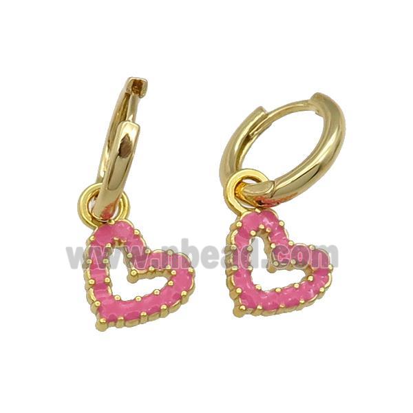 copper Hoop Earring pink enamel heart gold plated
