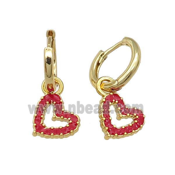 copper Hoop Earring red enamel heart gold plated