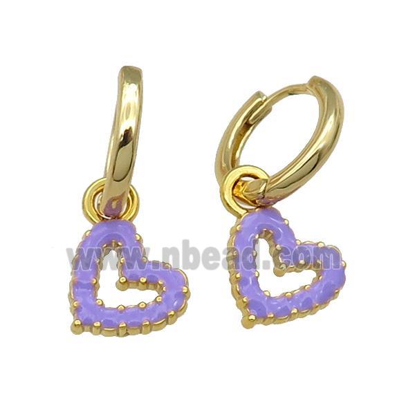 copper Hoop Earring lavender enamel heart gold plated
