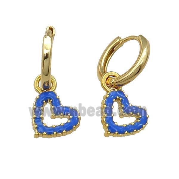 copper Hoop Earring blue enamel heart gold plated