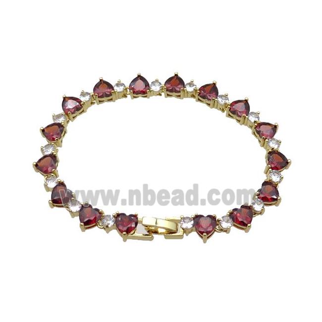 copper Bracelet pave red zircon, gold plated