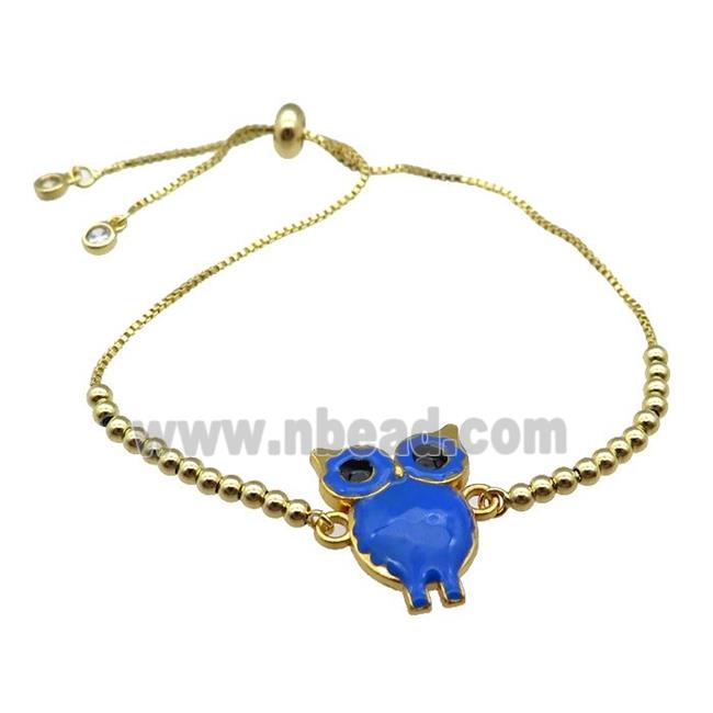 copper Bracelet with owl blue enamel gold plated