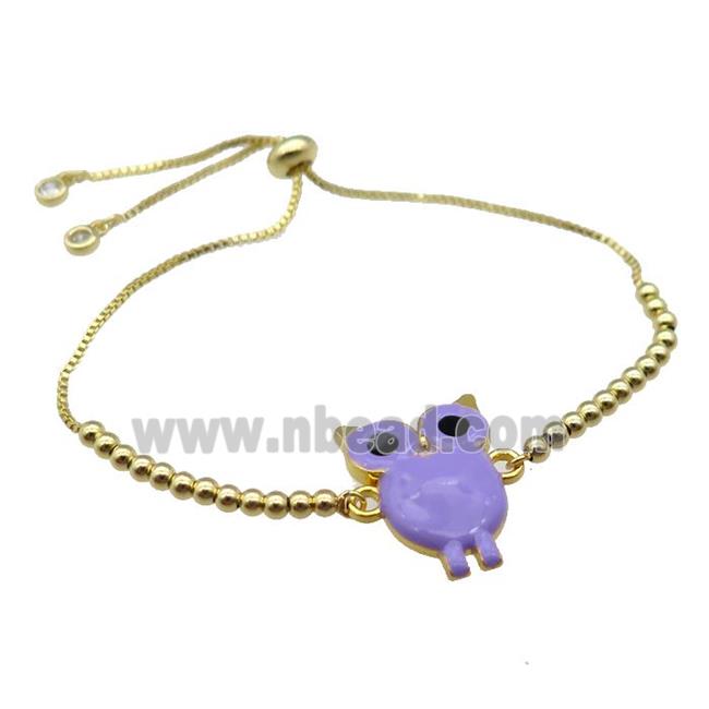 copper Bracelet with owl lavender enamel gold plated