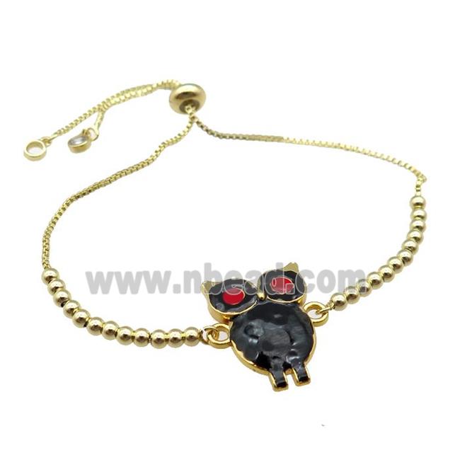 copper Bracelet with owl black enamel gold plated