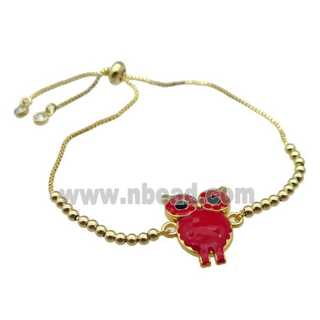 copper Bracelet with owl red enamel gold plated
