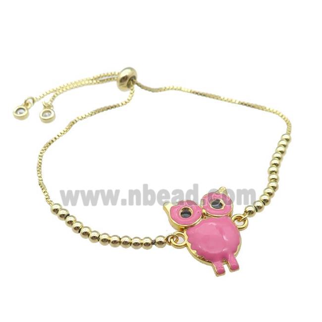 copper Bracelet with owl pink enamel gold plated