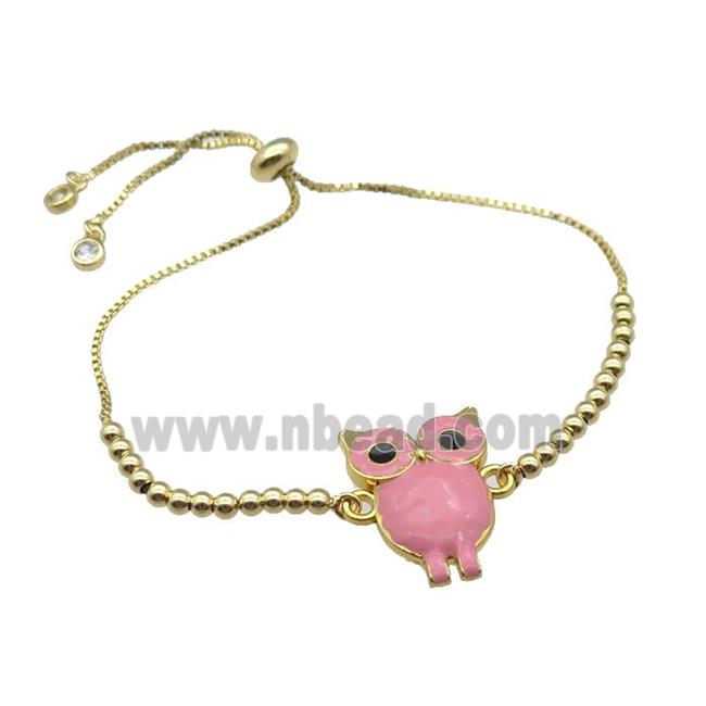 copper Bracelet with owl pink enamel gold plated