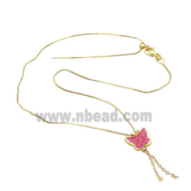 copper Necklace with butterfly pink enamel gold plated