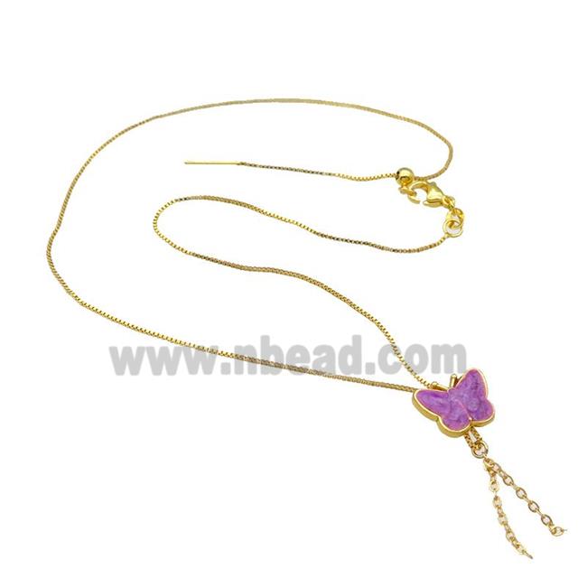 copper Necklace with butterfly purple enamel gold plated