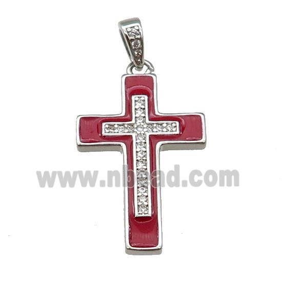 copper Cross pendant pave zircon red enamel platinum plated