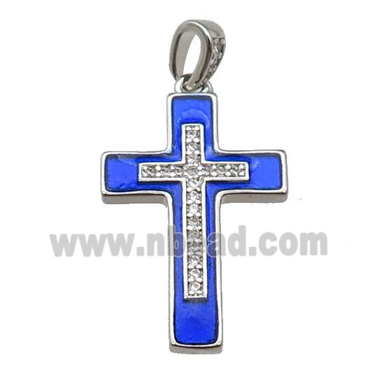 copper Cross pendant pave zircon blue enamel platinum plated