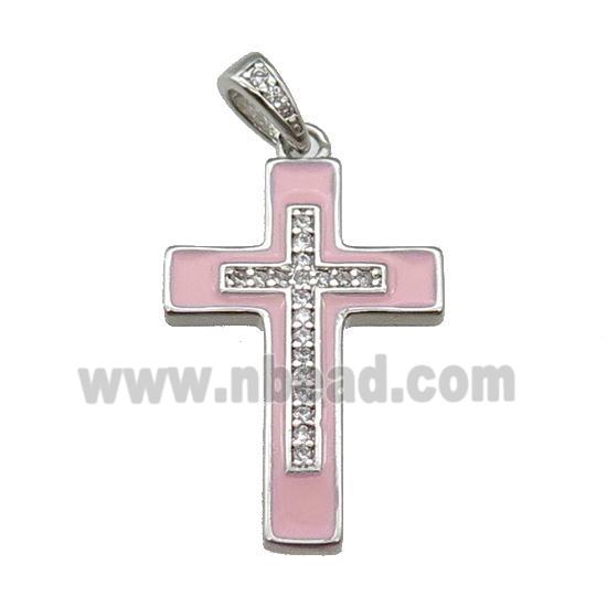 copper Cross pendant pave zircon pink enamel platinum plated