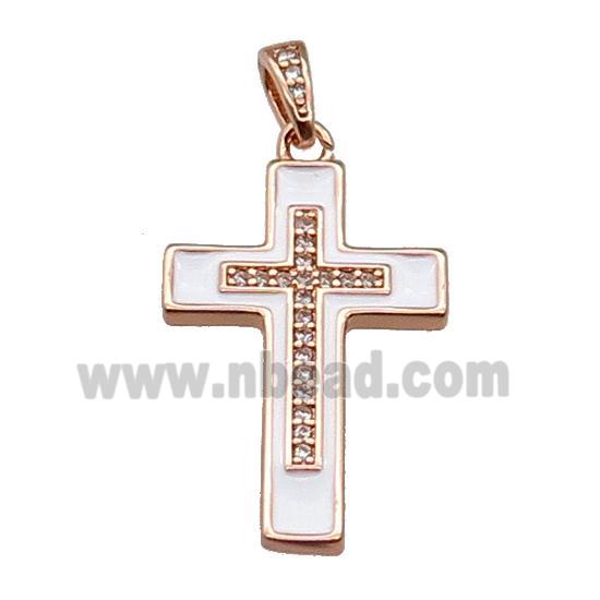 copper Cross pendant pave zircon white enamel rose gold