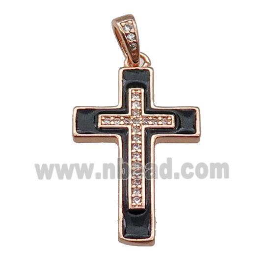 copper Cross pendant pave zircon black enamel rose gold