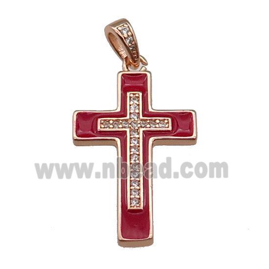 copper Cross pendant pave zircon red enamel rose gold