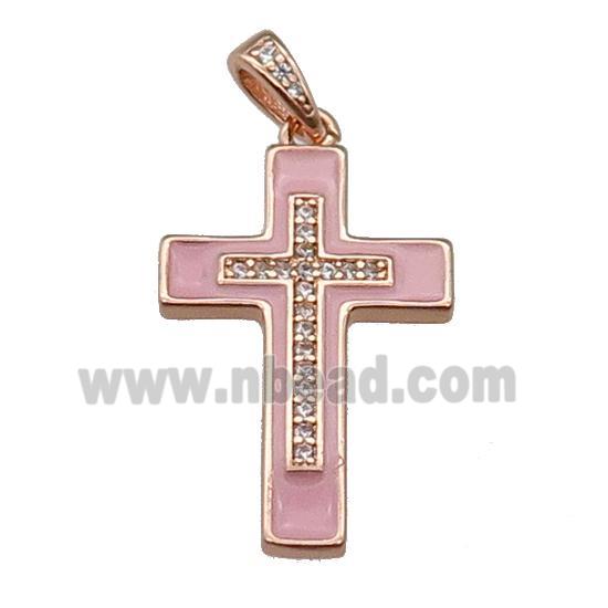 copper Cross pendant pave zircon pink enamel rose gold