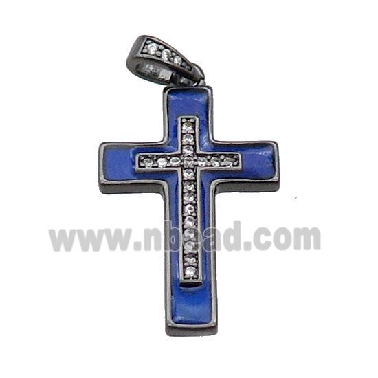 copper Cross pendant pave zircon blue enamel black plated
