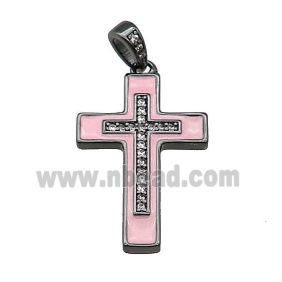 copper Cross pendant pave zircon pink enamel black plated