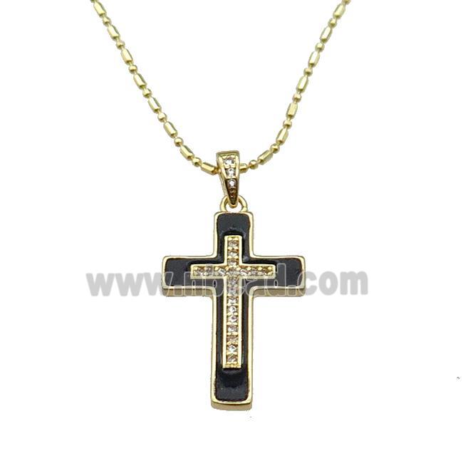 copper Necklace with cross black enamel, gold plated