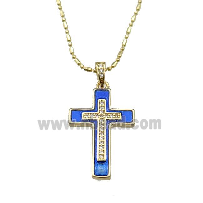 copper Necklace with cross blue enamel, gold plated