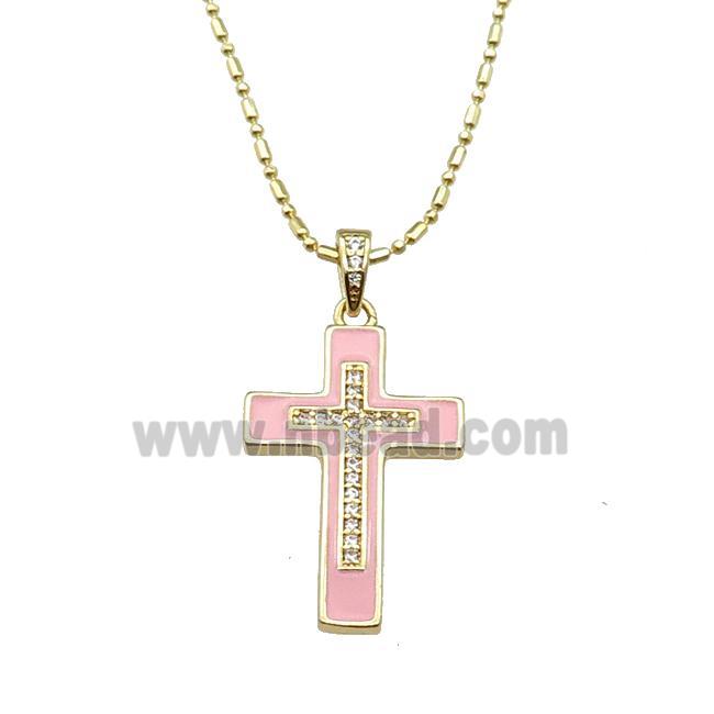 copper Necklace with cross pink enamel, gold plated