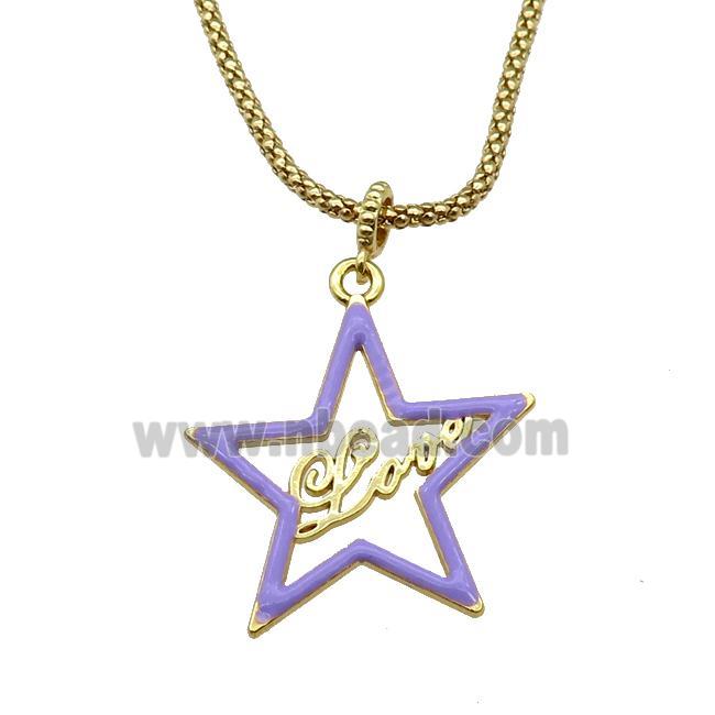 copper Necklace with star Love lavender enamel gold plated