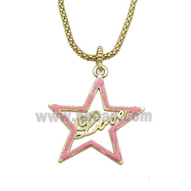 copper Necklace with star Love pink enamel gold plated