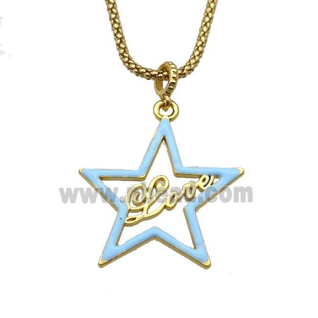 copper Necklace with star Love blue enamel gold plated