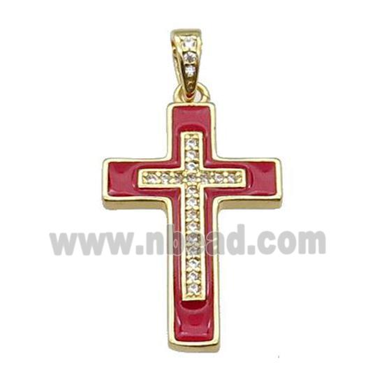 copper Cross pendant pave zircon red enamel gold plated