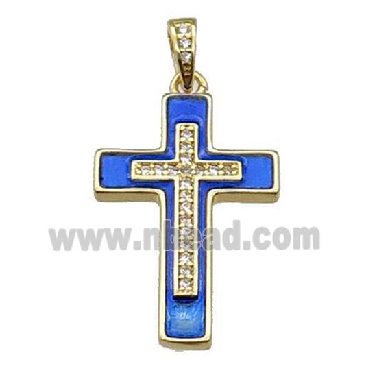 copper Cross pendant pave zircon blue enamel gold plated