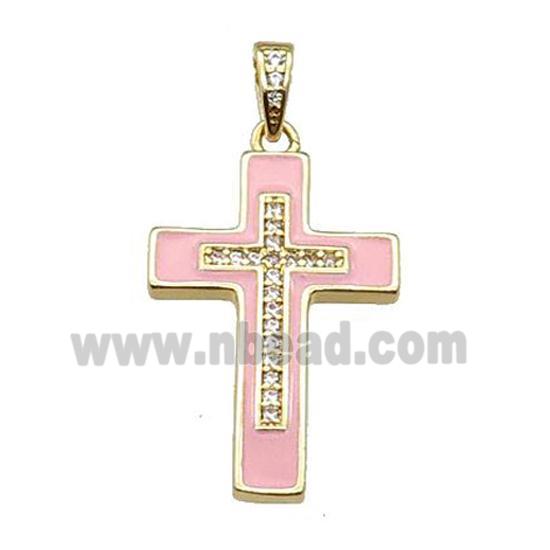 copper Cross pendant pave zircon pink enamel gold plated