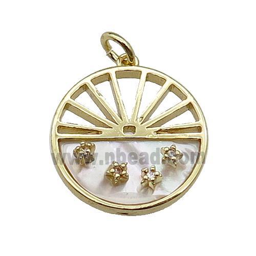 copper circle pendant pave zircon white shell sun gold plated