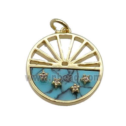 copper circle pendant pave zircon blue turquoise sun gold plated