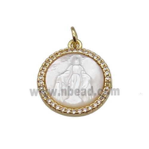 copper circle pendant pave zircon shell Jesus gold plated
