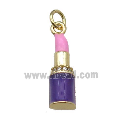 copper Lipstick charm pendant pave zircon pink enamel gold plated