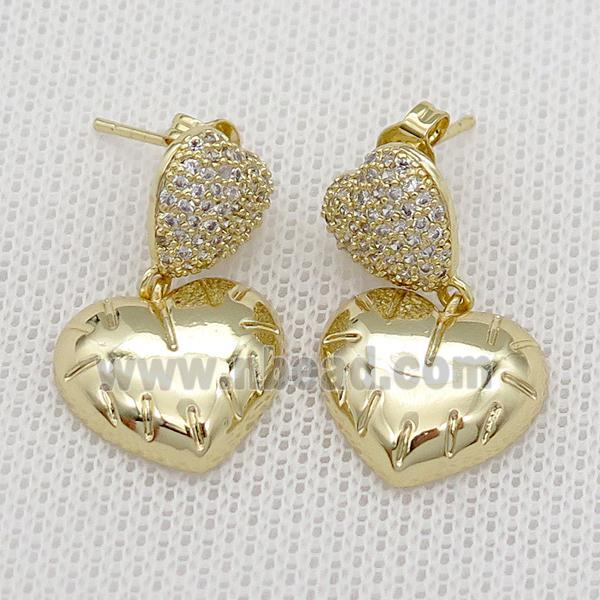 copper Stud Earring pave zircon heart gold plated