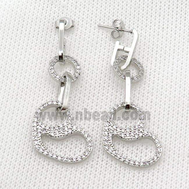 copper Stud Earring pave zircon heart platinum plated