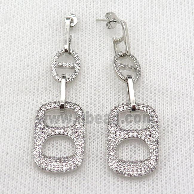 copper Stud Earring pave zircon rectangle platinum plated