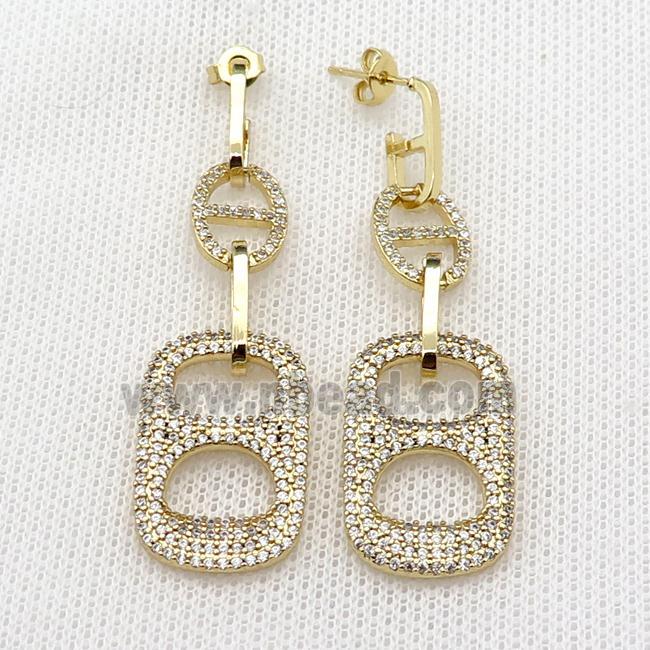 copper Stud Earring pave zircon rectangle gold plated