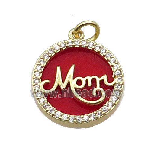 copper circle MOM pendant pave zircon red stone gold plated