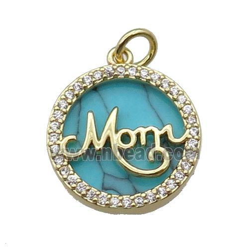 copper circle MOM pendant pave zircon turquoise gold plated